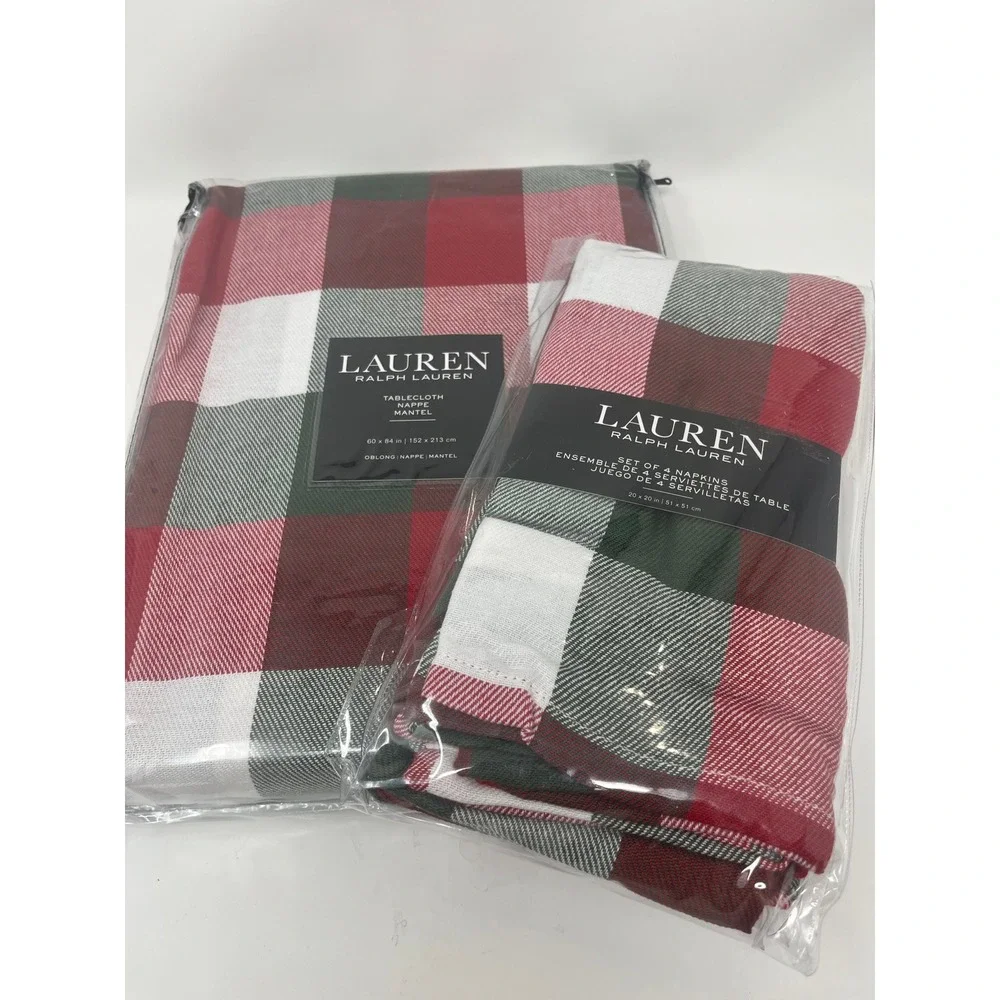 Ralph Lauren Tablecloth 60x84 & 4 Napkins Red Green White Buffalo Check Plaid